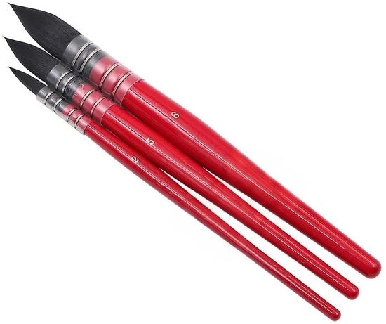 Set di pennelli Aquarel 3 pezzi - Capelli sintetici - Manico verniciato in ottone - Pennelli a punta e a sfera - Alta capacità di assorbimento - Facile da pulire - Pennelli