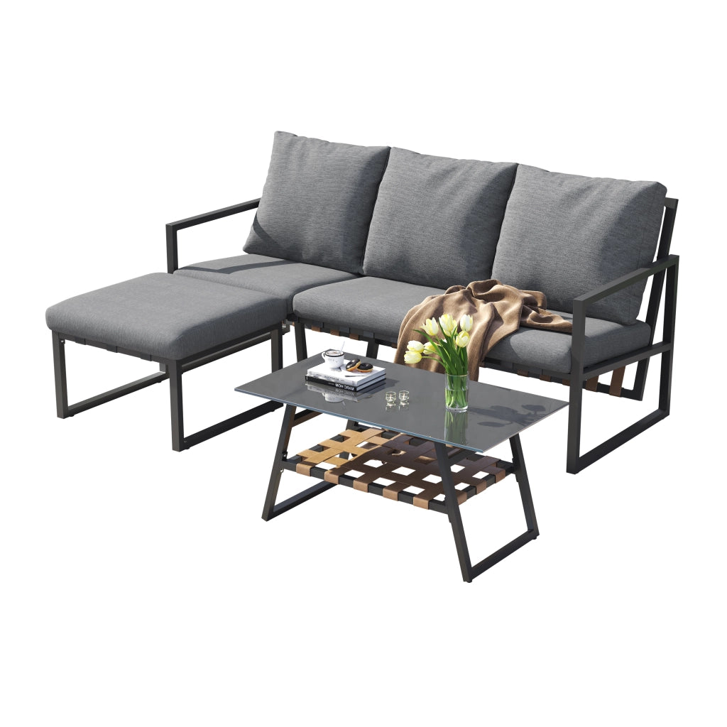 Set di mobili da giardino set d'angolo divano + tavolino da caff¨¨ + sgabello tubo in acciaio zincato piano tavolo in vetro adatto a giardini piscine e altre aree esterne grigio