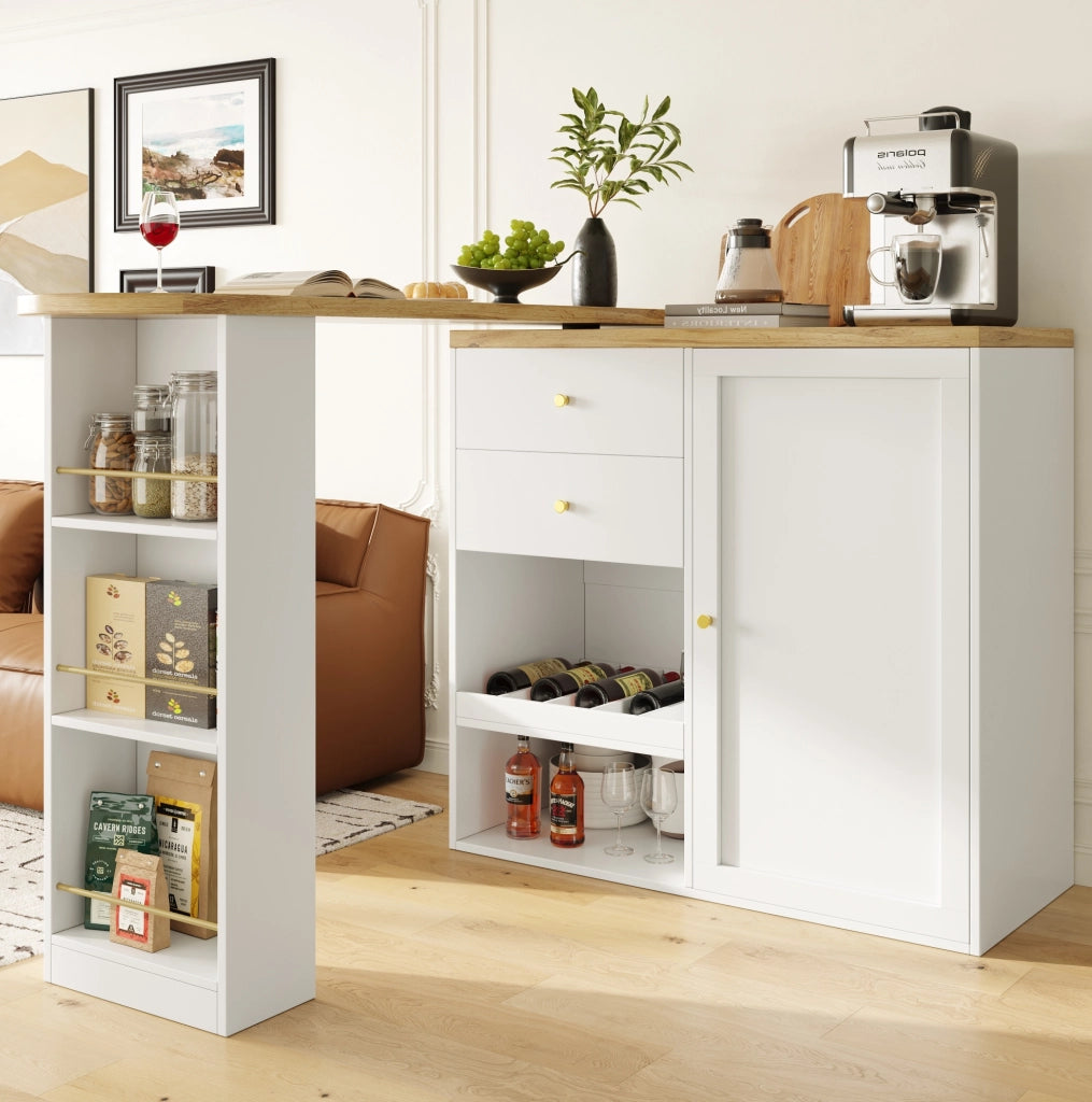 Mobile girevole in MDF bianco con ripiani laterali rotanti e cassetti