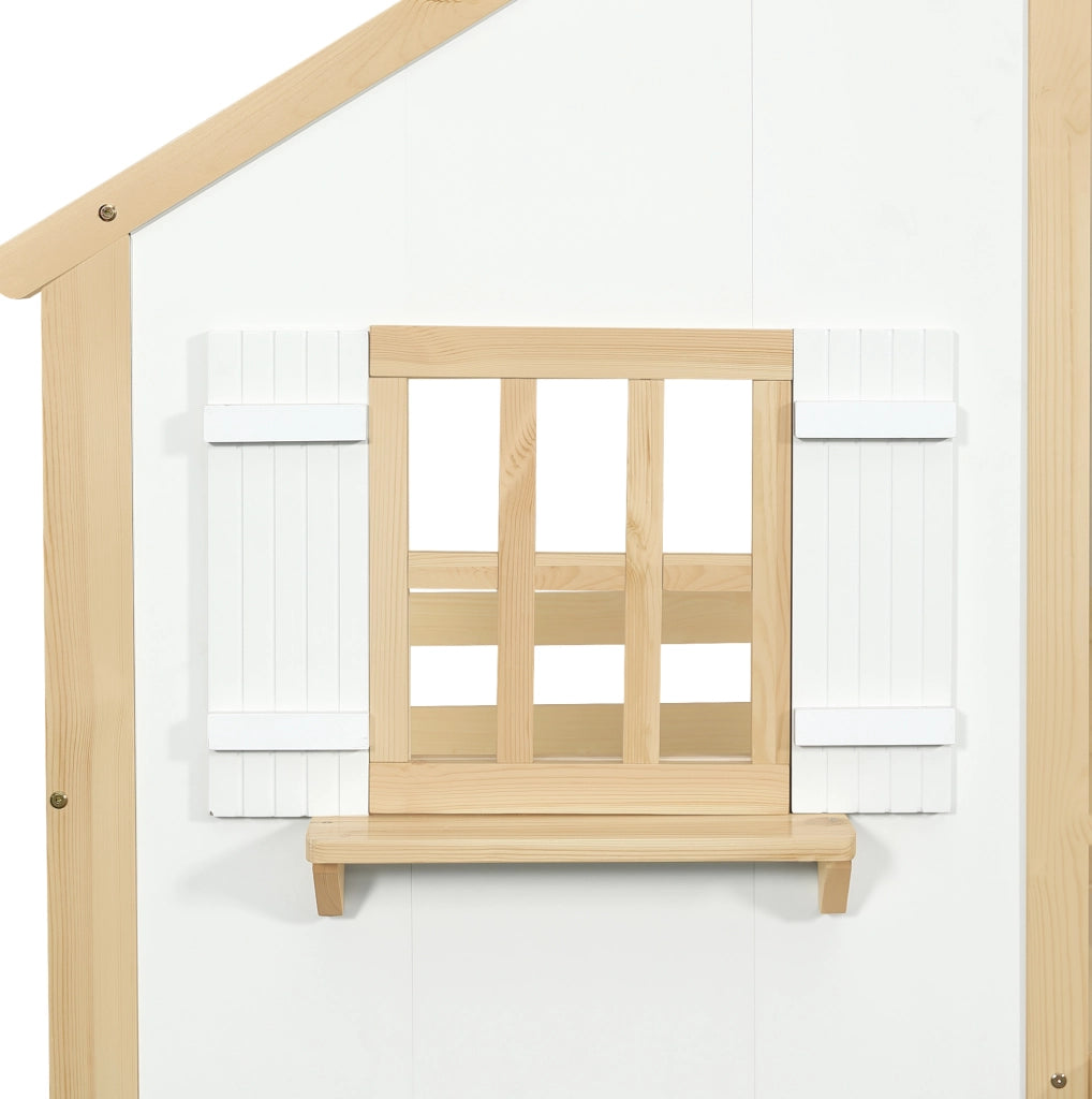 Letto a castello per bambini con scala inclinata, finestre decorative e sponde di sicurezza