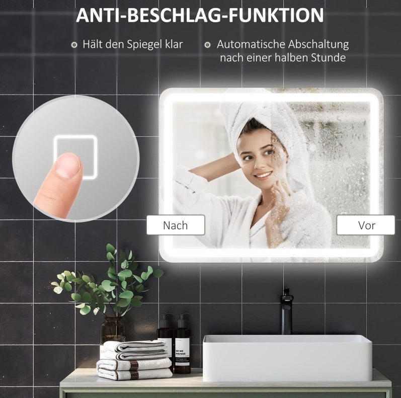 Specchio bagno LED 70x90 cm con touch, antiappannamento e IP44