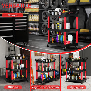 Carrello Porta Attrezzi a 3 Livelli 83x43x97 cm Capacità 91 kg 3 Livelli con Ruote in Plastica Rosso