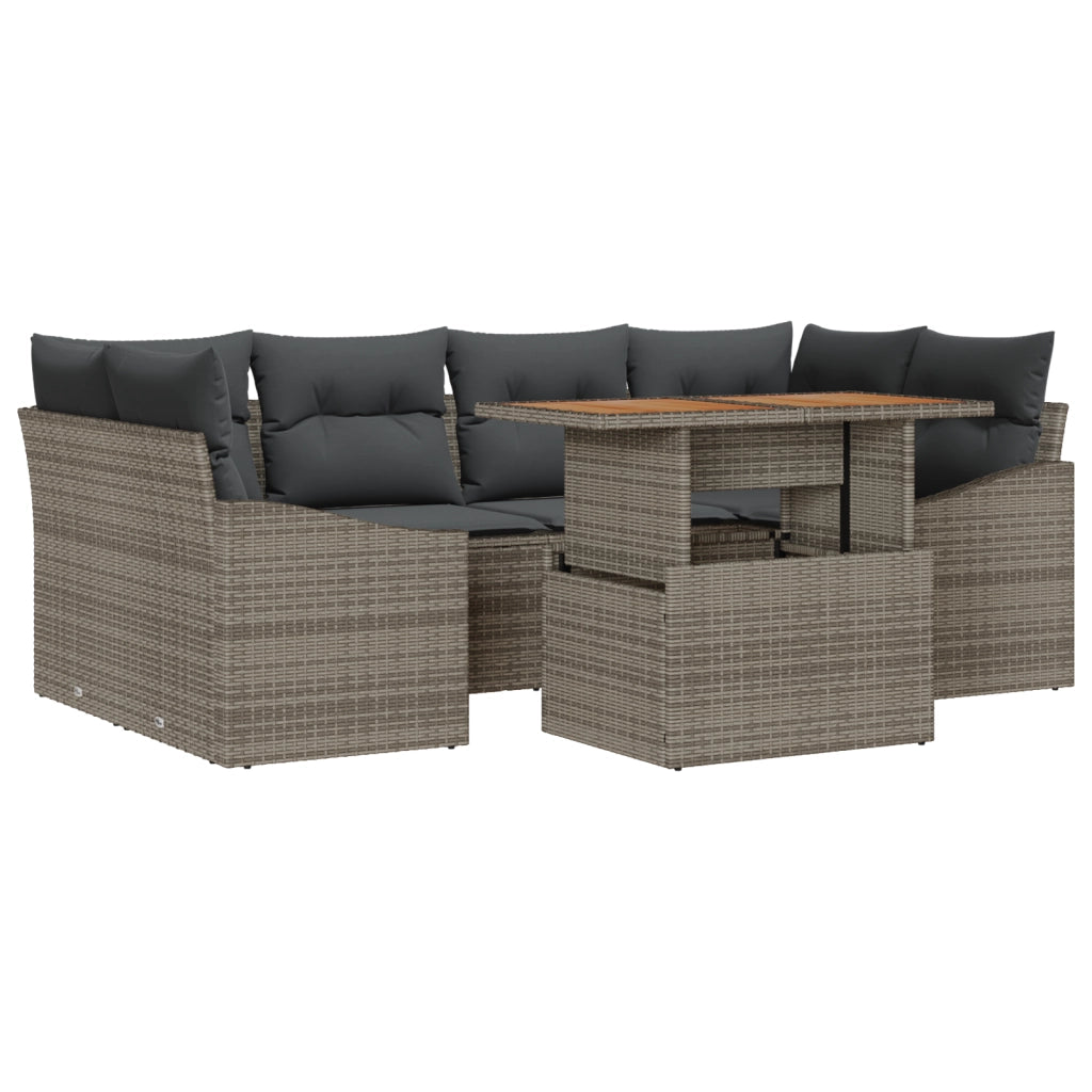 Set da Giardino da 7 Pezzi con Cuscini Grigio Polyrattan Acacia
