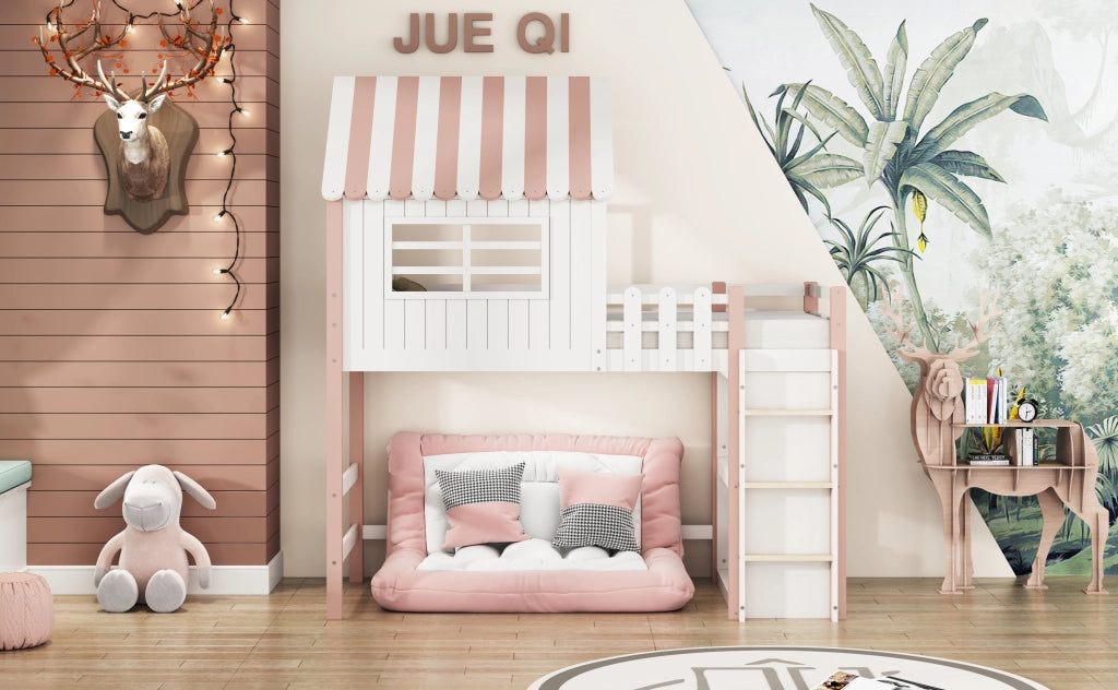 Letto a castello rosa in legno massello con funzione letto alto e basso 90x200 cm