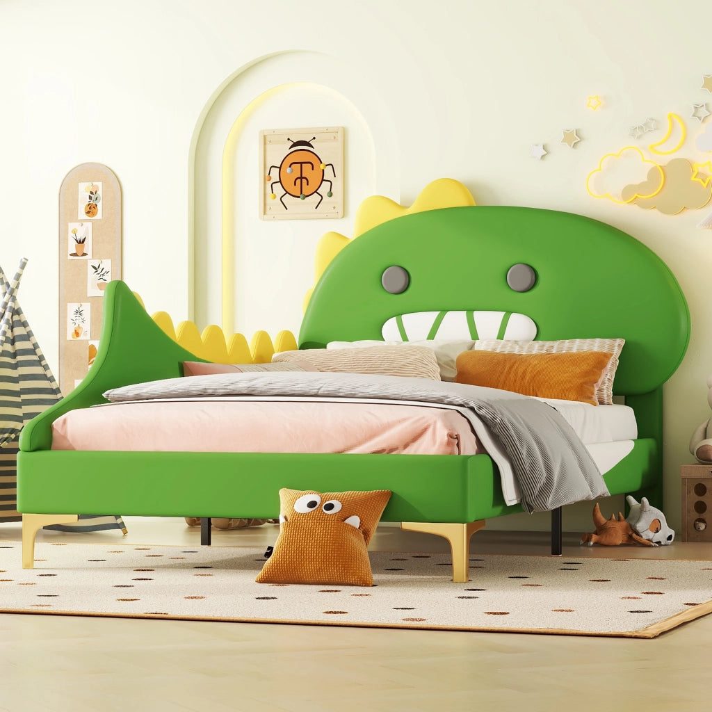 Letto a terra per bambini verde con testata a forma di dinosauro in PU 90x200 cm