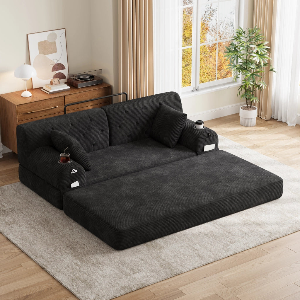 Divano letto a 2 posti con schienale alto, tasche laterali e 2 portabicchieri in velluto a coste nero 168 × 80 × 81 cm