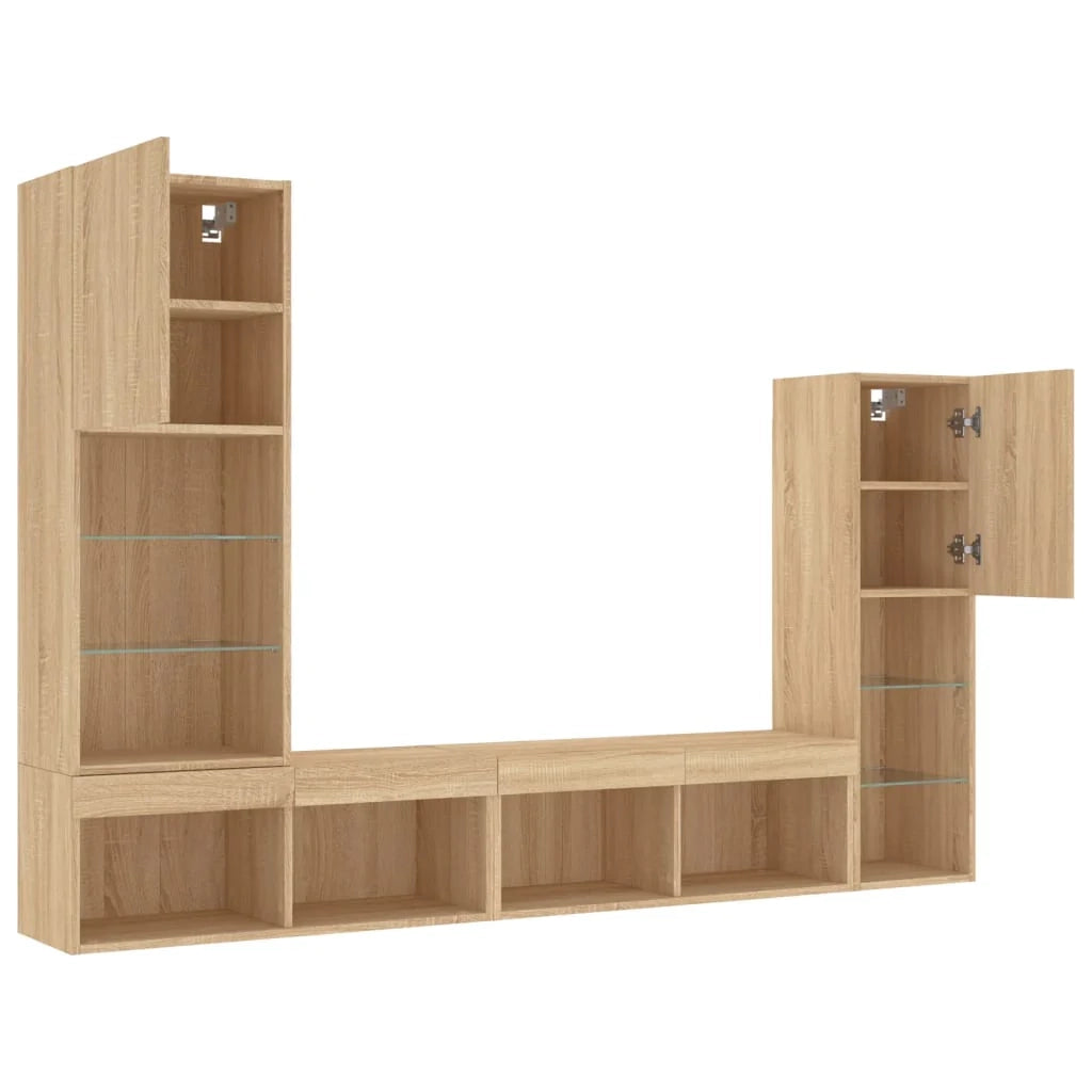 Mobile TV multimediale scaffale TV credenza mobile TV sala da pranzo soggiorno camera da letto con illuminazione a LED 4 pezzi legno ingegnerizzato rovere Sonoma marrone 02_0029362