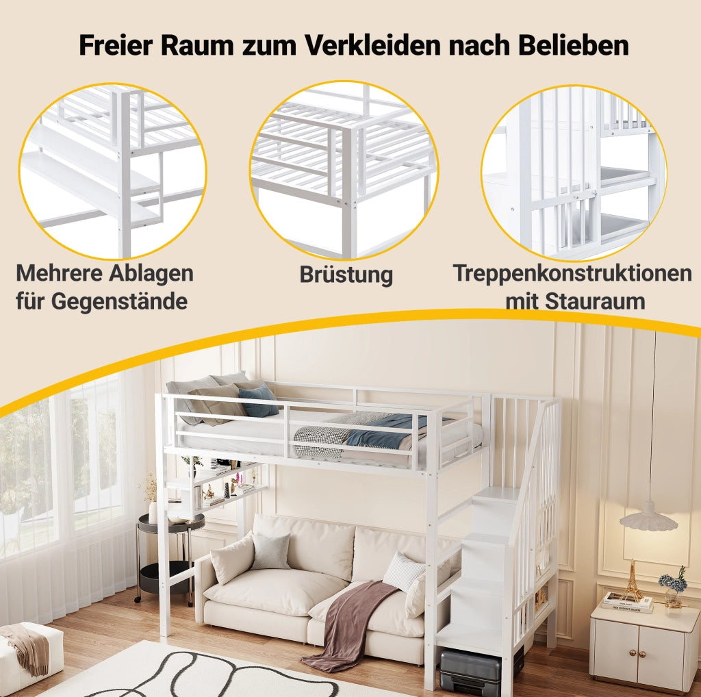 Letto a soppalco ULEVR 90x200 cm con scala contenitore, ripiani e sponde di sicurezza, bianco