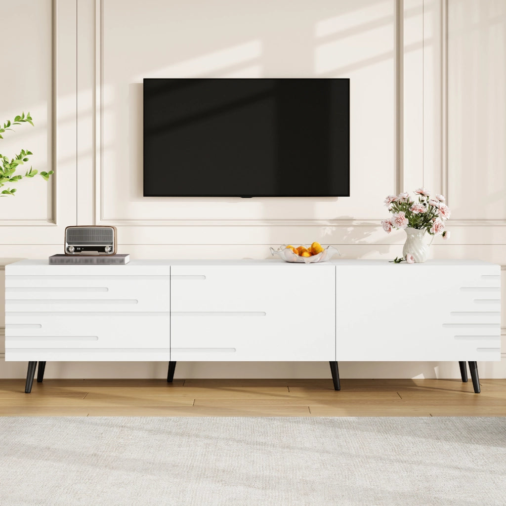 Mobile TV con 3 ante a ribalta; 6 piedini; per soggiorno; in MDF; 180×40×48 cm; bianco