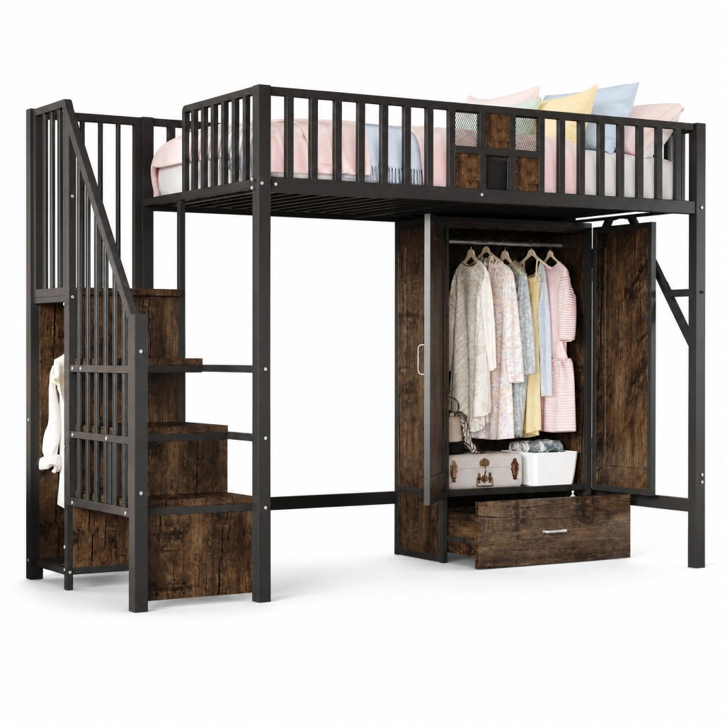 Letto a soppalco 90x200 cm in metallo e legno; nero; con armadio; cassetto e scala contenitore