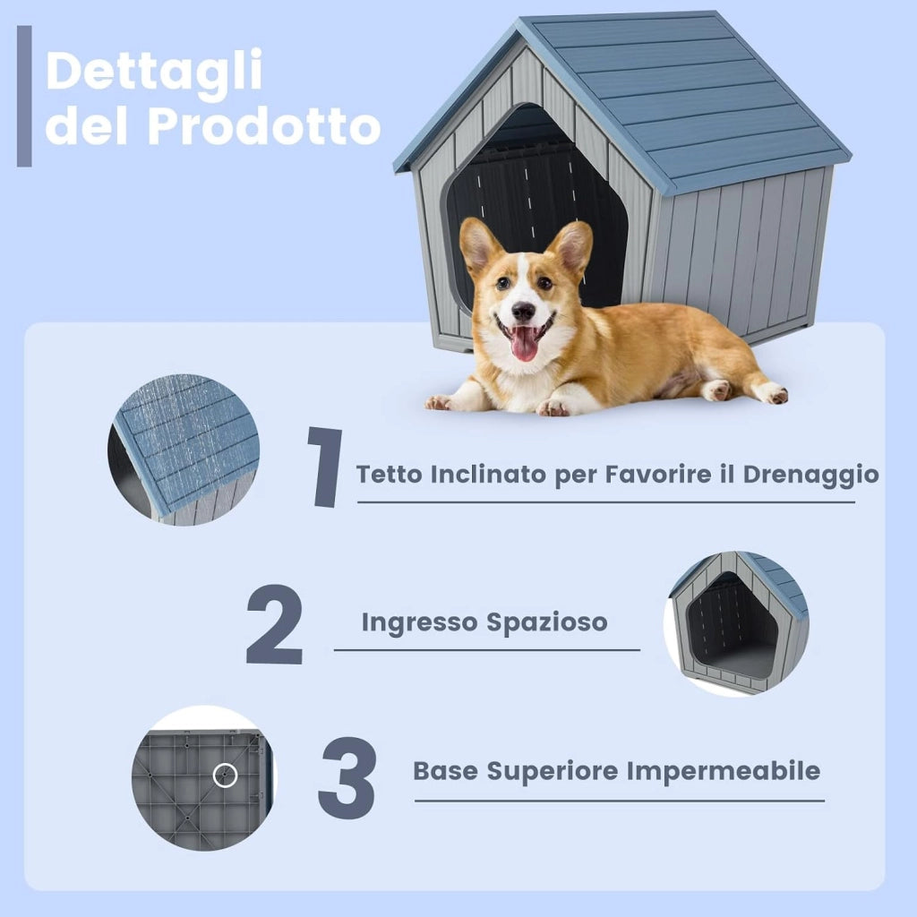 Cuccia per Cani da Interno ed Esterno, Casetta per Gani Impermeabile con Bocchette d'Aria e Tetto Inclinato, Rifugio per Animali Domestici per Cuccioli e Conigli