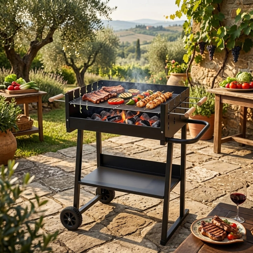 Barbecue A Carbonella Con Telaio In Acciaio Termoresistente Griglia Regolabile Ripiano Inferiore E Design Funzionale Per Outdoor Cooking 87 x 52 x 90 Cm Nero