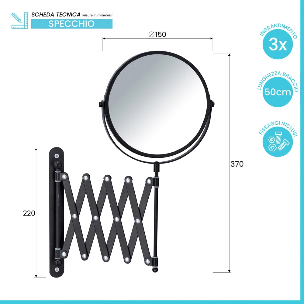 Specchio da trucco a parete in acciaio inox nero con braccio telescopico e ingranditore 3x