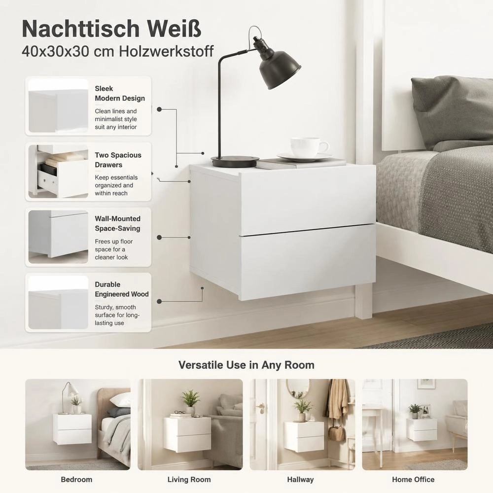 White Bedside Table, 40x30x30 Cm, Made Of Engineered Wood
