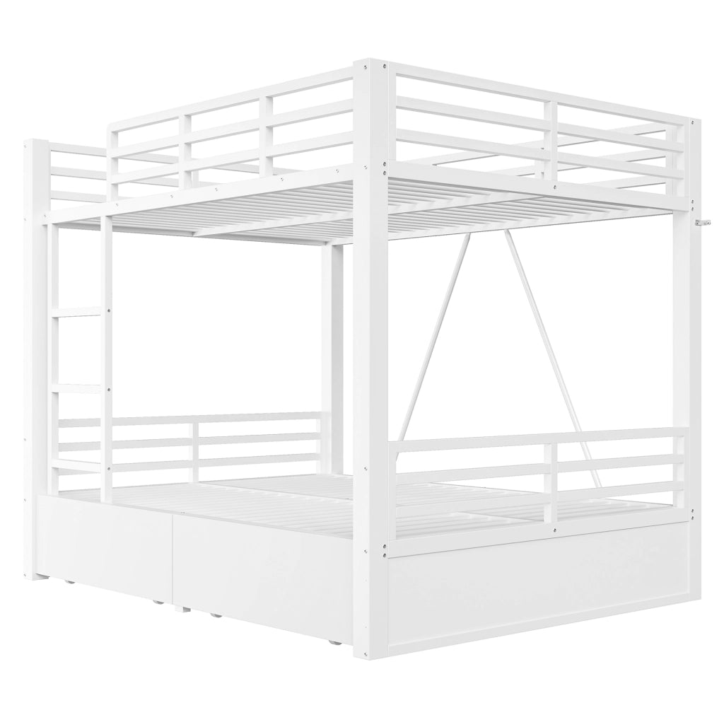 Letto a castello 140x200 cm con cassetti e scala in metallo e legno bianco