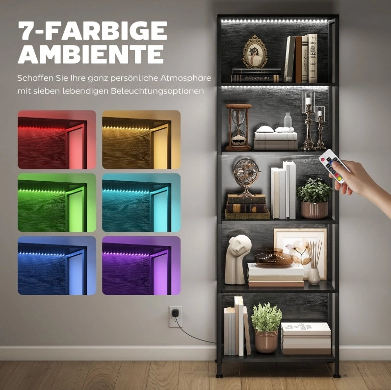 Libreria a 5 livelli 60x30x179 cm in legno e metallo nero con LED