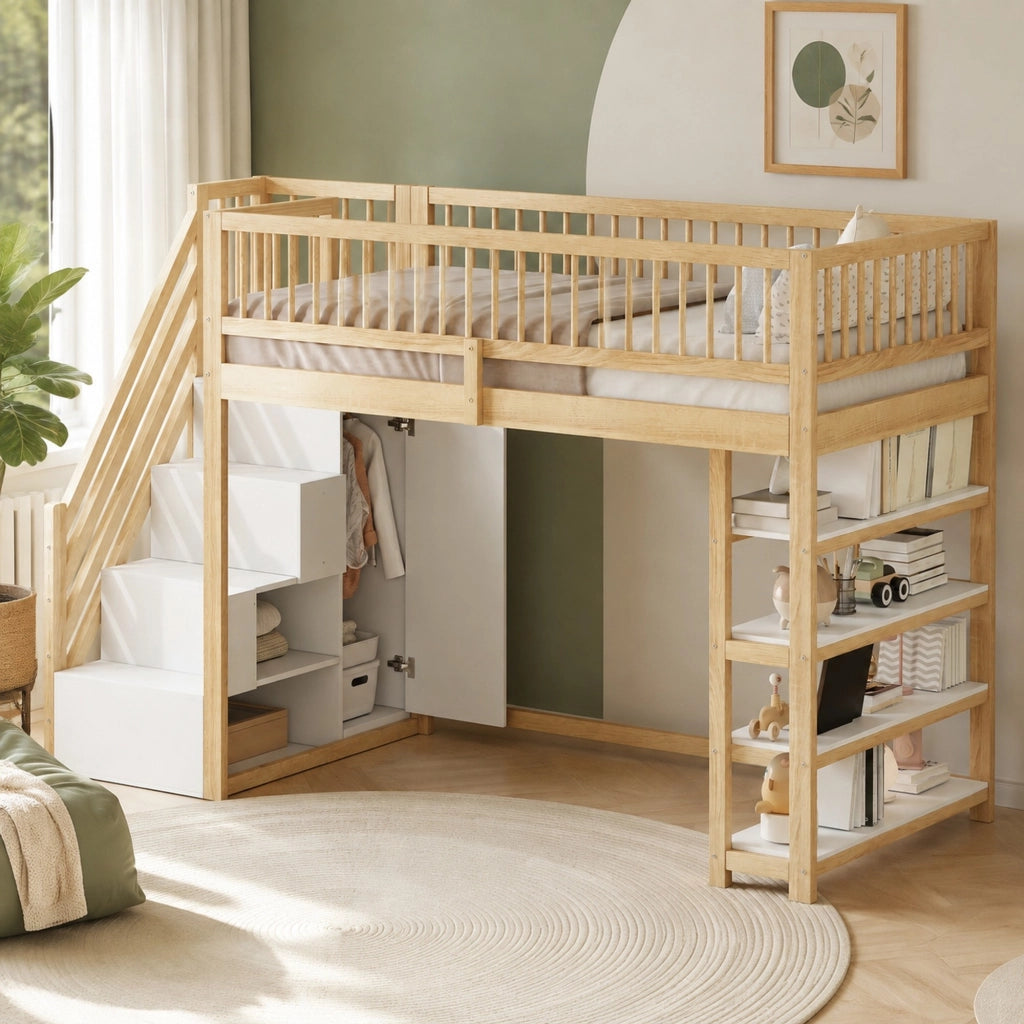 LETTO A SOPPALCO 90x200 cm Legno naturale con scala e spazio contenitivo