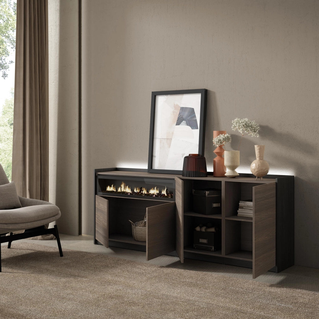Credenza, Mobile, Cucina, 207x80x37 cm, 4 Porte, Camino elettrico, LED, Rovere scuro e Nero