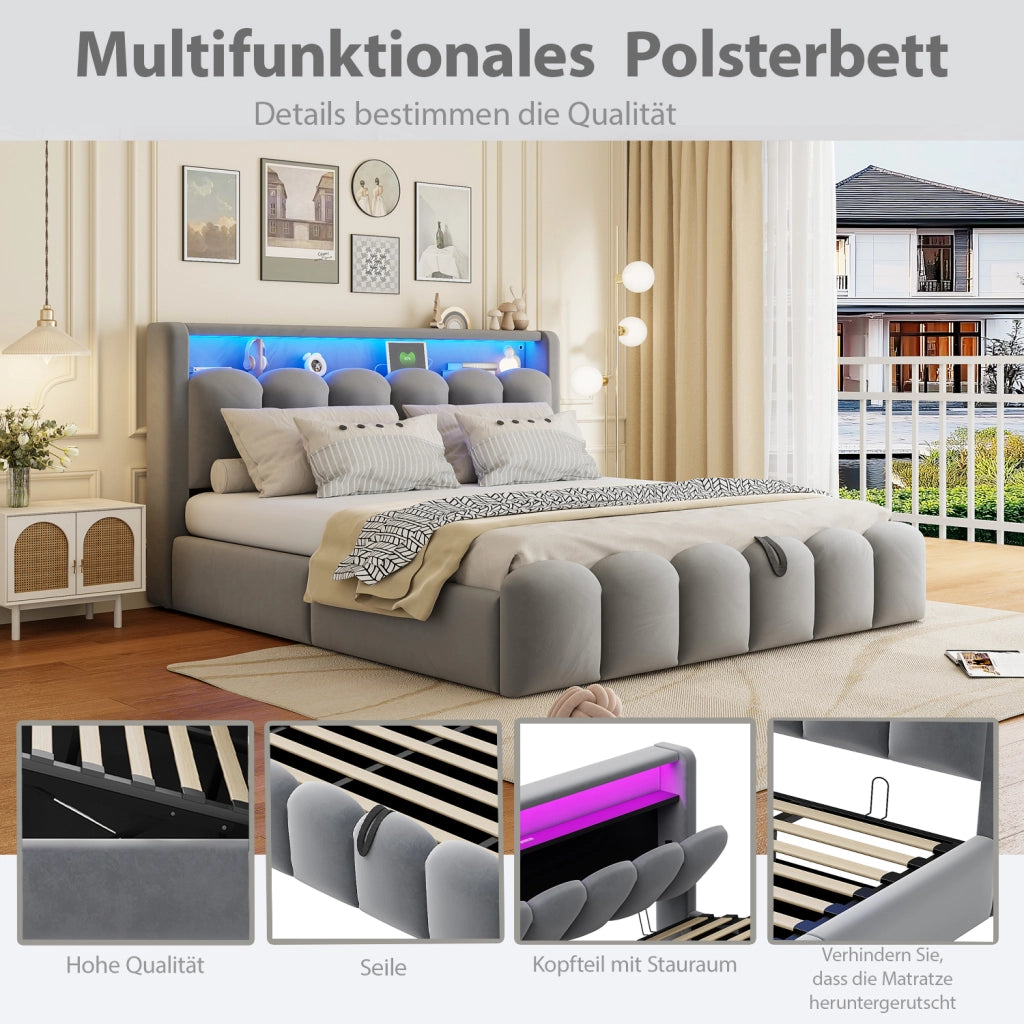 Letto matrimoniale imbottito 180×200 cm con contenitore; LED; USB e Type-C; senza materasso; velluto; grigio
