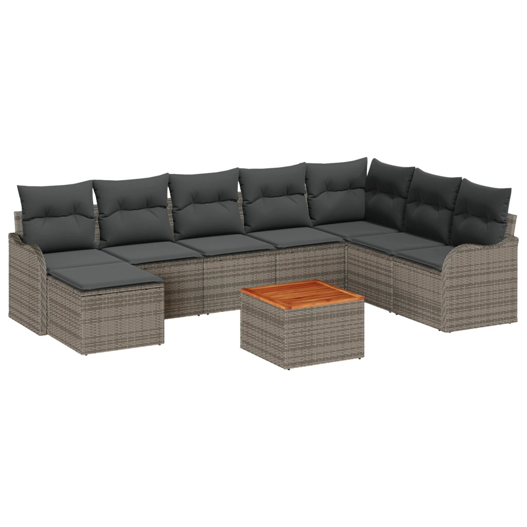 Set Divano da Giardino  9 Pezzi con Cuscini Grigio Polyrattan Acacia