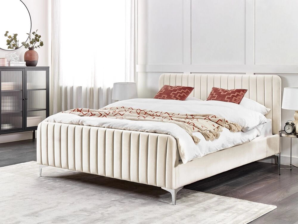 Letto in velluto beige UE Matrimoniale 160 x 200 cm Testiera Imbottita con Gambe in metallo Design moderno