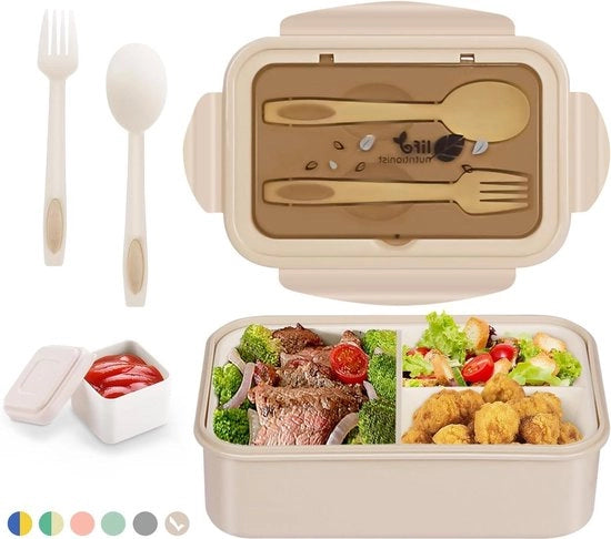 Tasca per cibo per adulti e bambini - 1400 ml - 3 cassetti - inclusa attrezzatura da tavola - resistente a microonde e lavastoviglie - per scuola, lavoro, picnic, viaggio - colore kaki