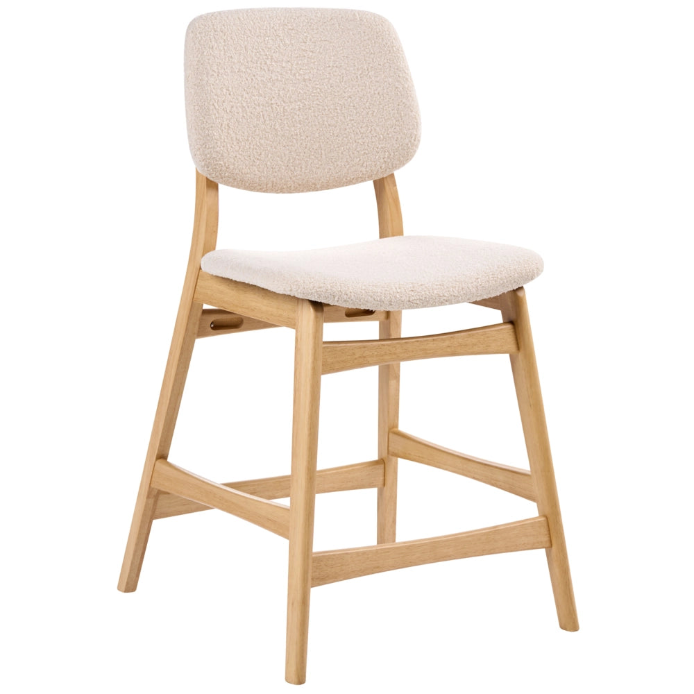 Set di 2 sedie da bar con struttura in legno di gomma marrone chiaro e seduta in tessuto bouclé beige senza braccioli design retrò