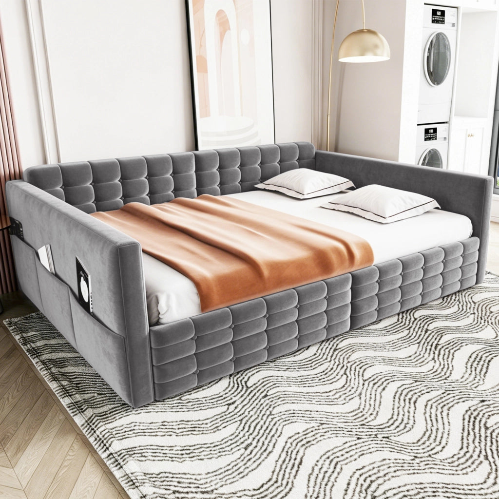 Letto Divano 2 posti con 2 cassetti e 4 tasche portaoggetti 140×190 cm; senza materasso; grigio
