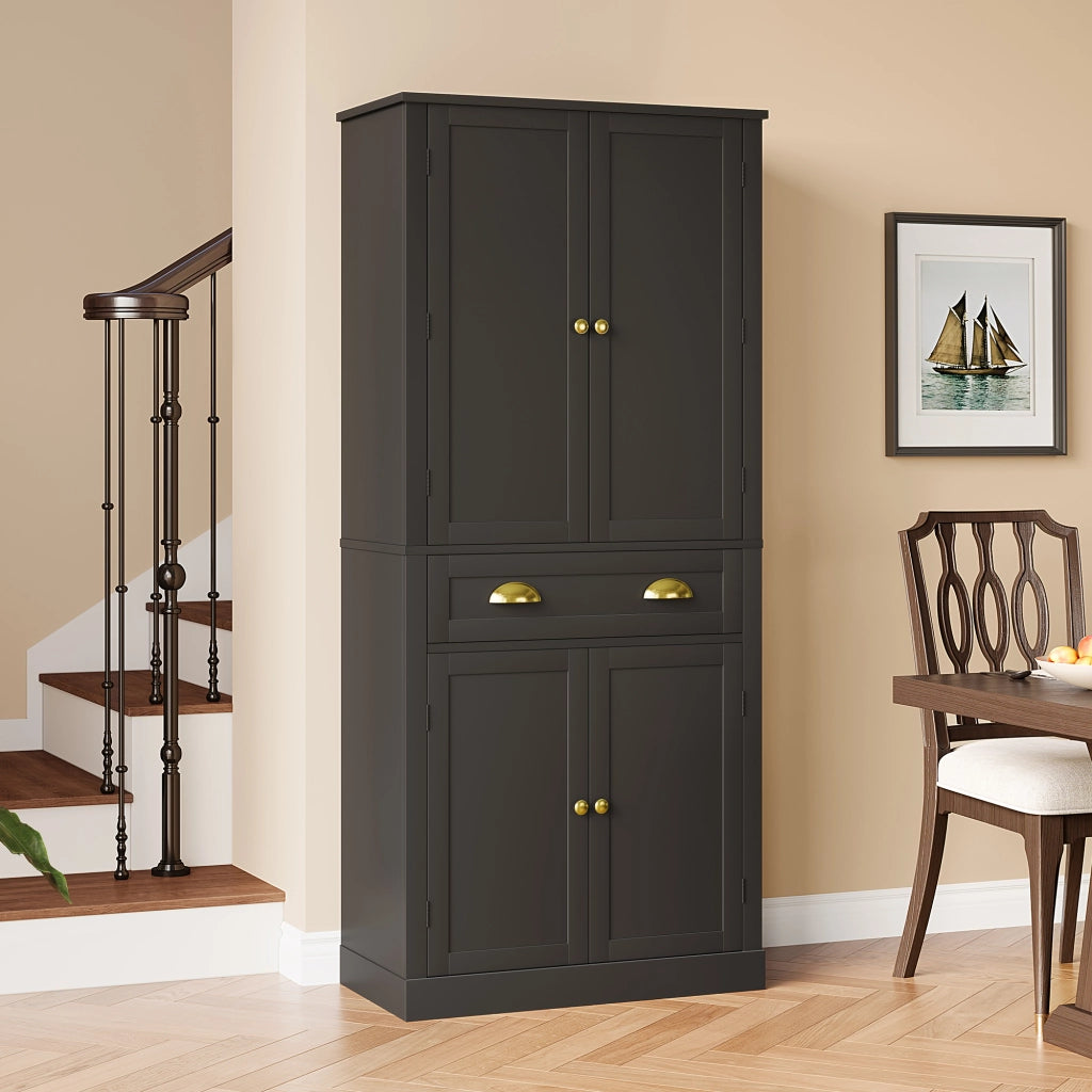 Mobile Dispensa 80x40x182 cm Nero con 4 Ante; 1 Cassetto; 4 Ripiani Regolabili e Portaoggetti