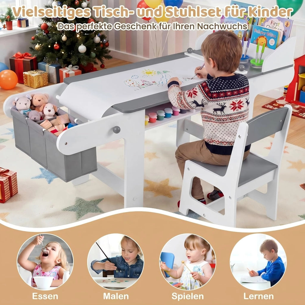 Set Tavolo e Sedia per Bambini 3+ Anni con Rotolo di Carta | Tavolo da Disegno Creativo con Vaschette per Colori e Contenitori in Tessuto, Mobile Montessori per Cameretta e Scuola