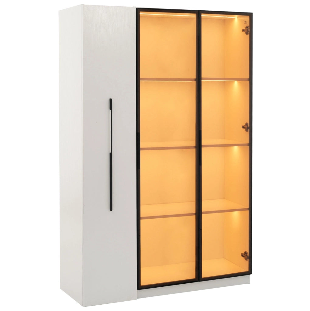 Vetrina LED 110，5x35x160 cm in MDF bianco con vano laterale