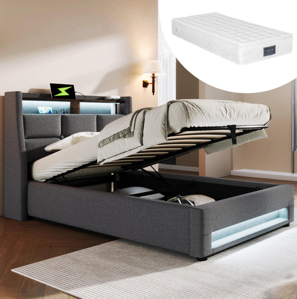 Letto imbottito 90x200 cm con LED, USB e vano contenitore