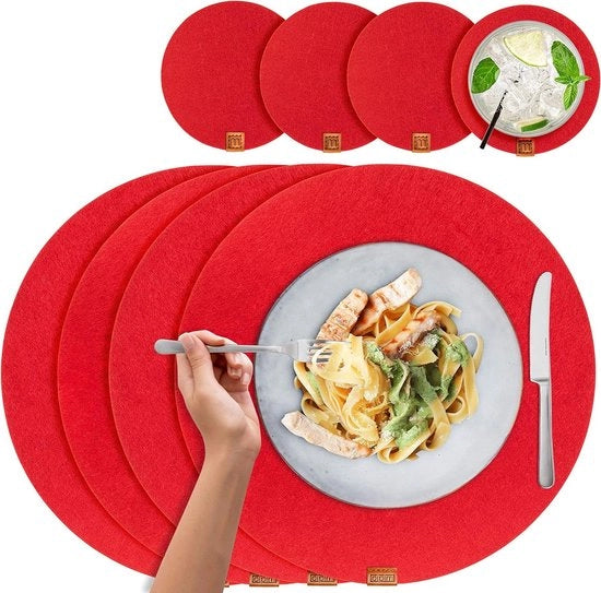 Veli placemats rotondi - lavabili e sostenibili - set da 4 placemats e 4 sottopiani per bicchieri - rosso per decorazione di Natale