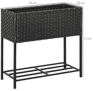 Fioriera rialzata marrone in rattan sintetico con ripiano