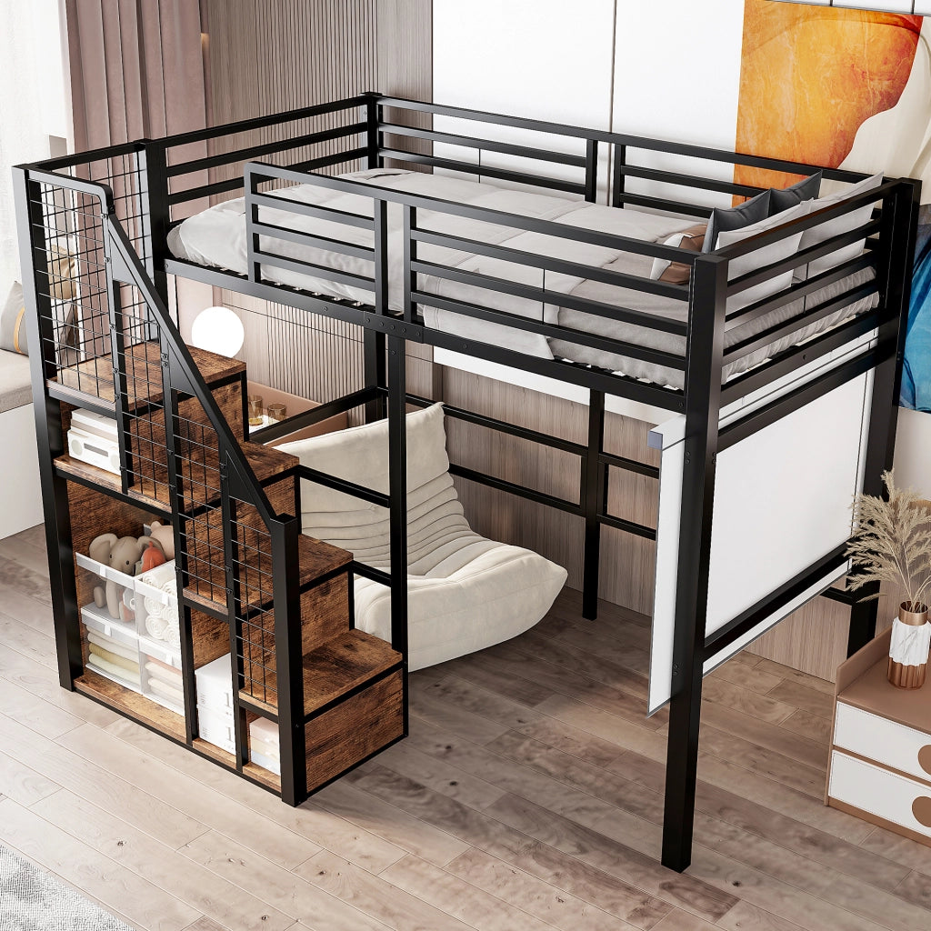 Letto a soppalco singolo 90 × 200 cm con scomparto portaoggetti e scaletta, senza materasso, in metallo, nero