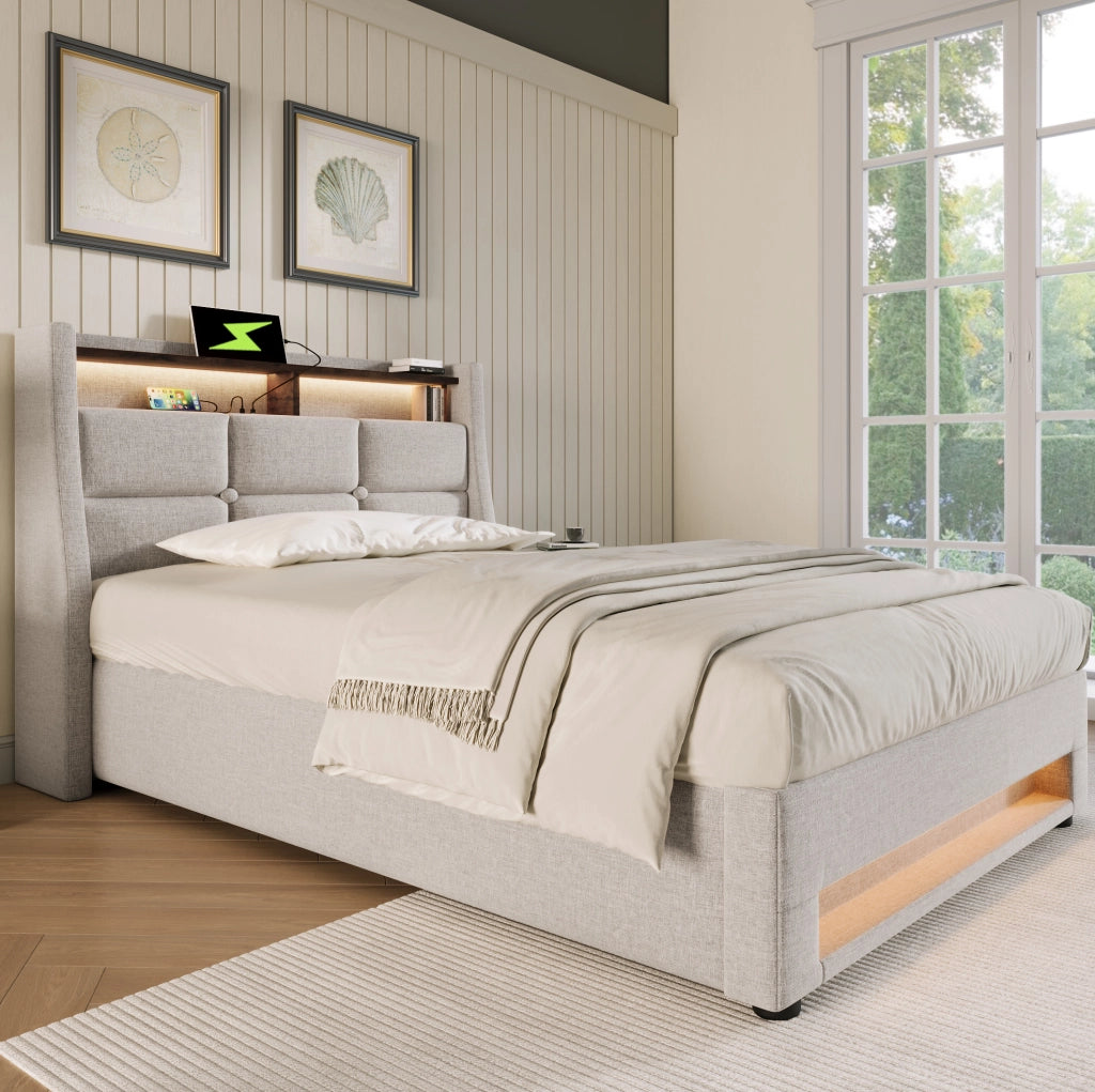 Letto imbottito singolo 90x200 cm beige con LED, USB e contenitore