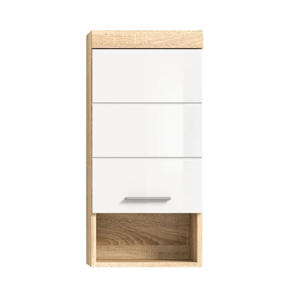 Mezza colonna da bagno LEWOTO - 1 porta e 1 nicchia - Bianco e rovere chiaro