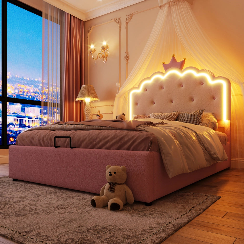 LETTO Imbottito 140x200 cm in PU Rosa con illuminazione LED e contenitore idraulico