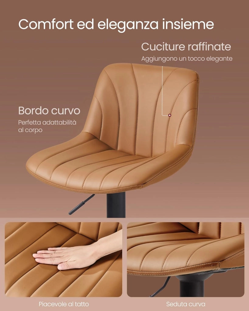VASAGLE Sgabelli da Bar, Schienale, Sedie da Bar Regolabili in Altezza, Girevoli a 360°, Poggiapiedi Metallo, Sala da Pranzo Cucina, PU, Set di 2, Marrone Caramello LJB181KN01