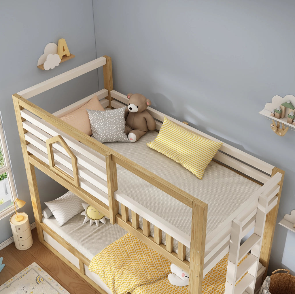 Letto a castello stile casetta 90x200 cm in legno bianco e rovere