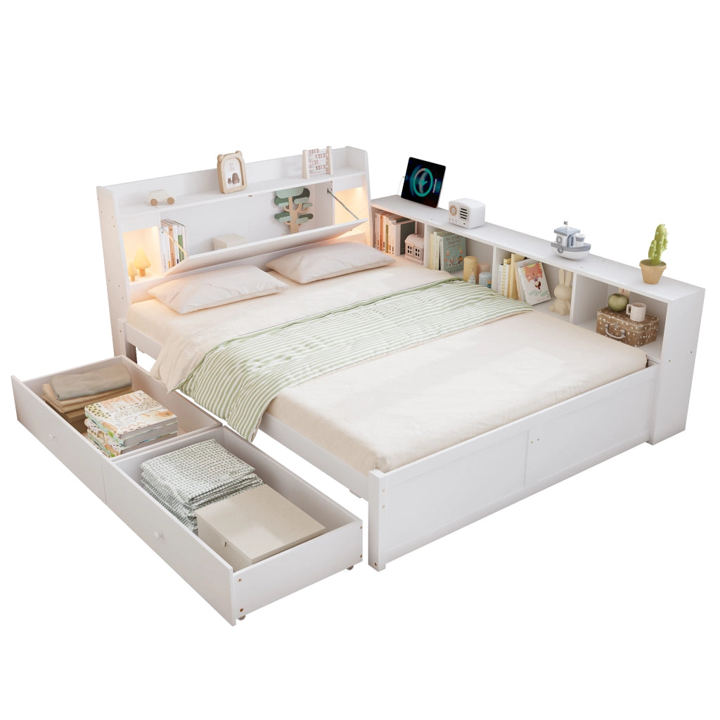 Letto Matrimoniale 140x200 cm con Testiera Contenitore; 2 Luci; Presa; Cassetti - Bianco