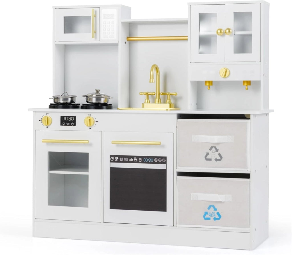 Cucina Giocattolo per Bambini, Cucinetta in Legno con Fornelli con Suoni e Luci, Macchina da Caffè, Microonde, Rubinetto, Lavello e Accessori, per Bambini 3+ Anni (Bianco)