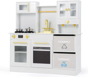 Cucina Giocattolo per Bambini, Cucinetta in Legno con Fornelli con Suoni e Luci, Macchina da Caffè, Microonde, Rubinetto, Lavello e Accessori, per Bambini 3+ Anni (Bianco)