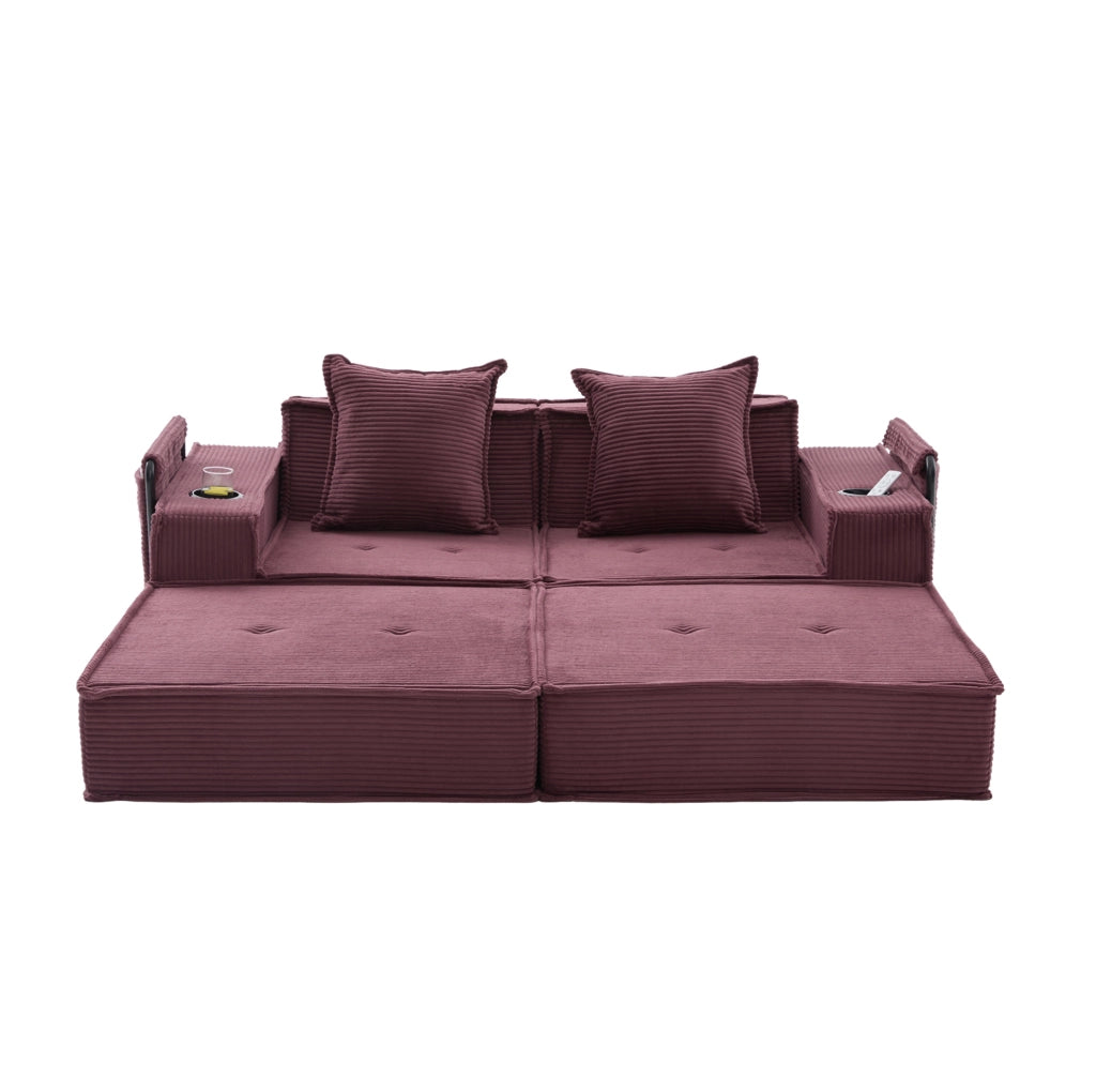 Pouf divano modulare in velluto a coste; 162x78x66 cm; rosso vino