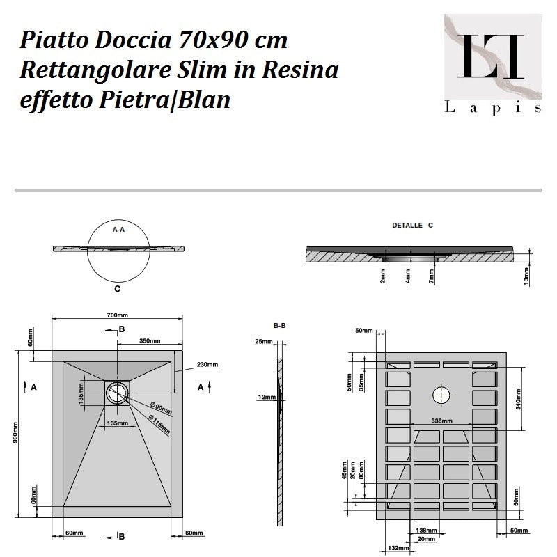 Piatto Doccia 70x90 cm Rettangolare Bianco Slim in Resina effett