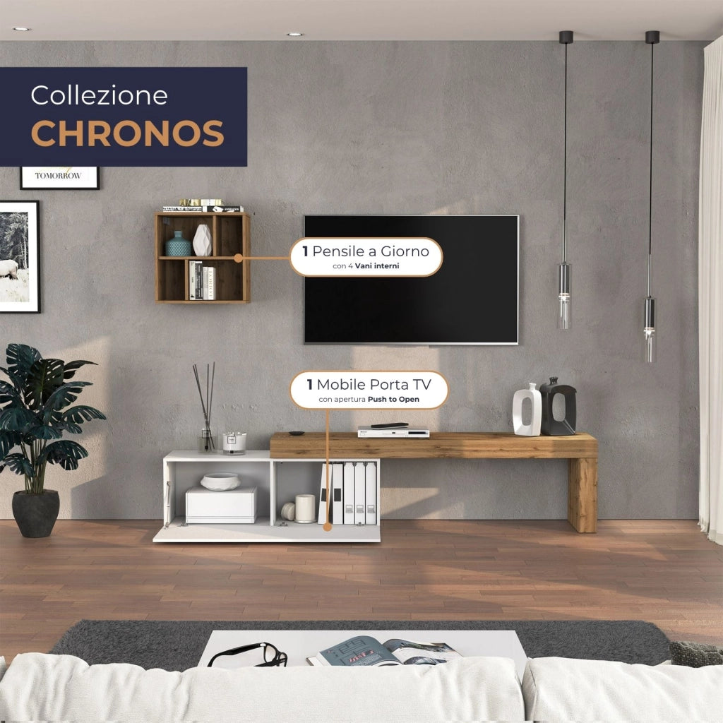 WHOUS Parete attrezzata Chronos set soggiorno bianco lucido e rovere 180/290x40 cm
