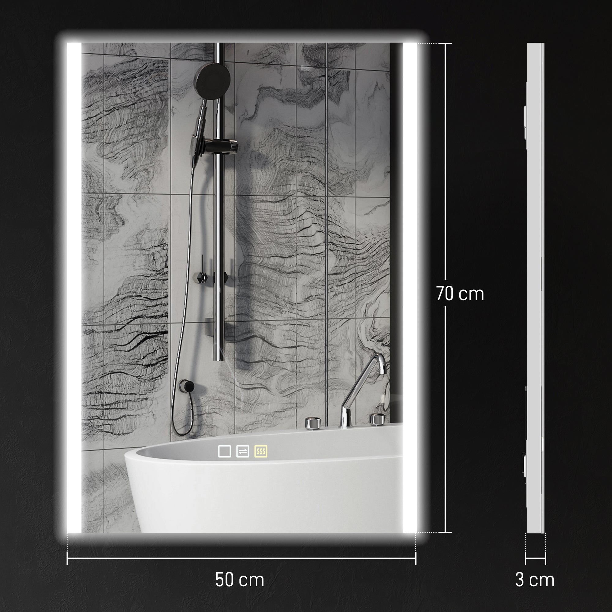 Specchio Bagno da Parete con Luce LED a 3 Colori 70x50x3 cm in Vetro Temperato Argento