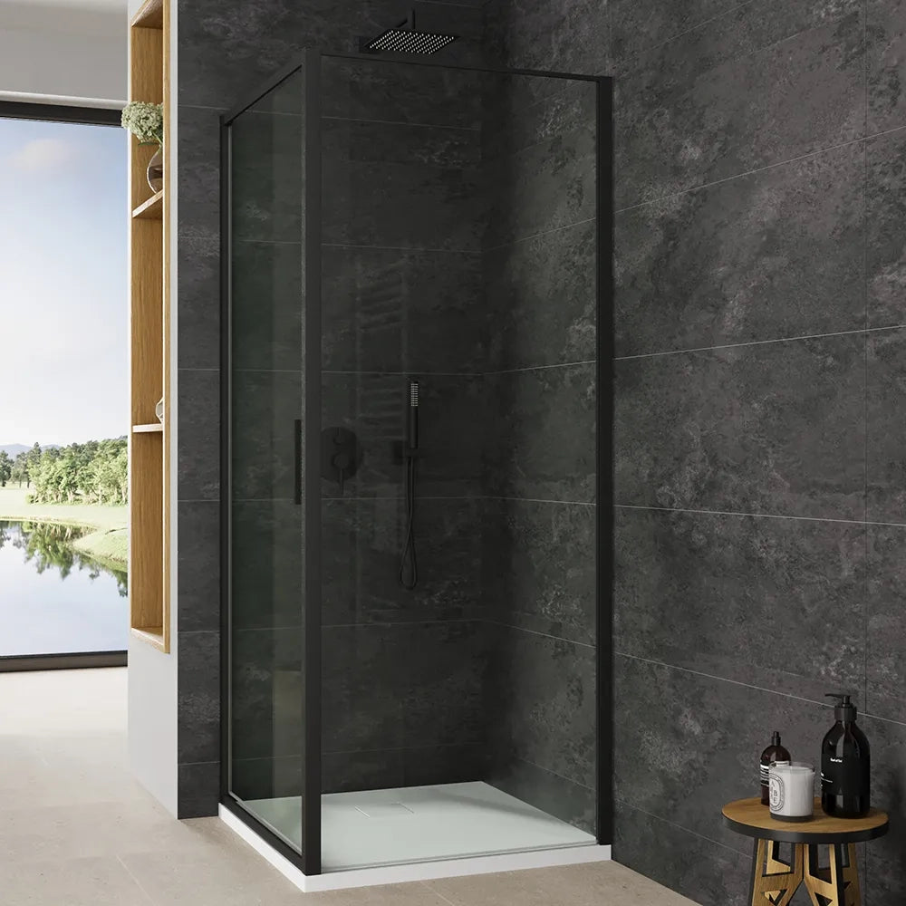 Box doccia slim 75x80cm con porta a battente e parete fissa profili nero opaco e vetro 6mm trasparente h190| Portofino