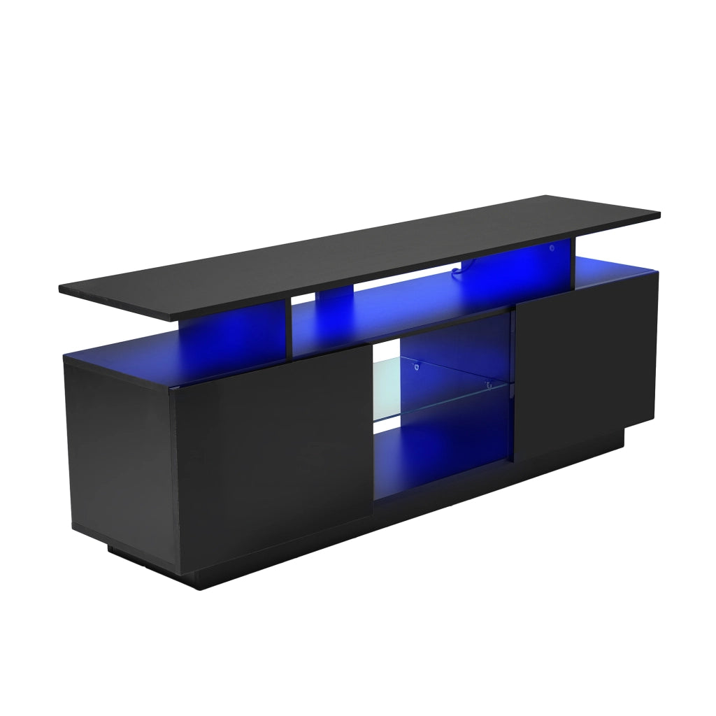 Mobile TV nero da 140 cm con illuminazione LED a 16 colori, 5 vani aperti e 2 ante lucide