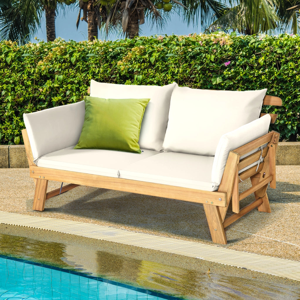 Divano letto convertibile in legno d'acacia con braccioli regolabili cuscini, Chaise longue da esterno Beige